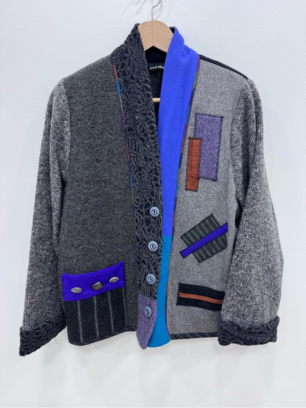 Lynn Murray Fabric Art Jacket 100% Wool Gray Black Funky Retro Sz Small
